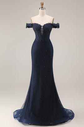 Off The Shoulder Mermaid Navy Appliqued Beaded Long Prom Dress