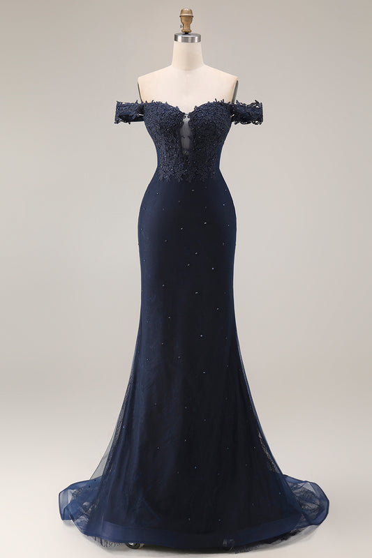 Off The Shoulder Mermaid Navy Appliqued Beaded Long Prom Dress