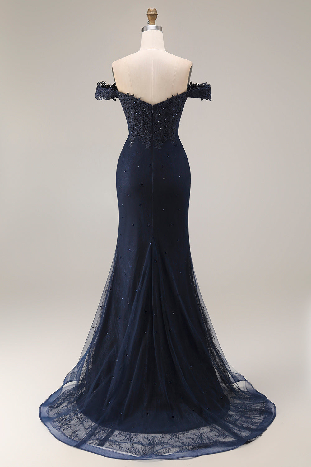 Off The Shoulder Mermaid Navy Appliqued Beaded Long Prom Dress