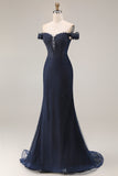 Off The Shoulder Mermaid Navy Appliqued Beaded Long Prom Dress