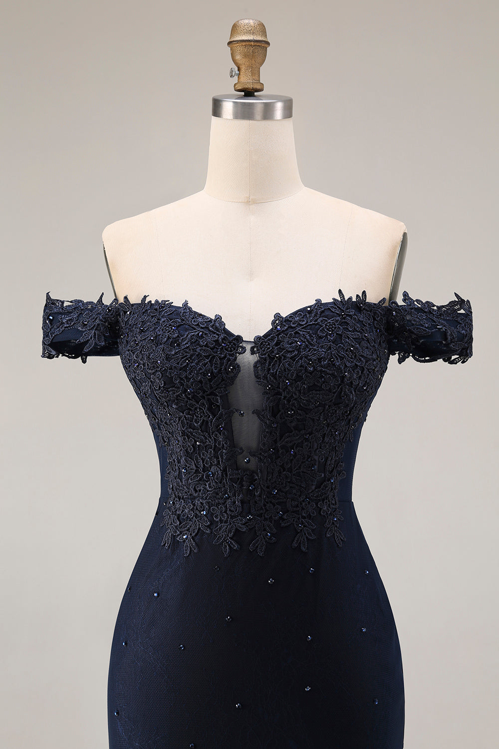 Off The Shoulder Mermaid Navy Appliqued Beaded Long Prom Dress
