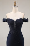 Off The Shoulder Mermaid Navy Appliqued Beaded Long Prom Dress