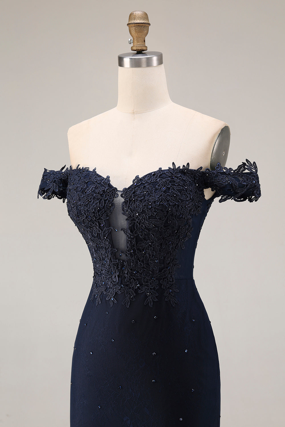 Off The Shoulder Mermaid Navy Appliqued Beaded Long Prom Dress