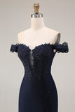 Off The Shoulder Mermaid Navy Appliqued Beaded Long Prom Dress