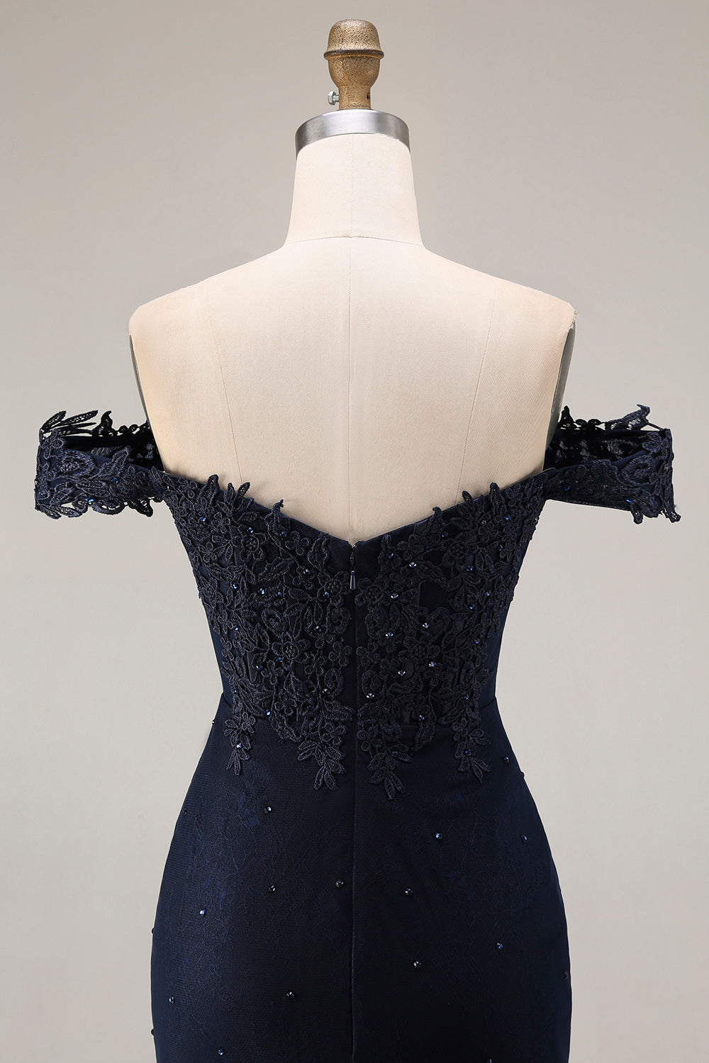 Off The Shoulder Mermaid Navy Appliqued Beaded Long Prom Dress