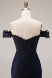 Off The Shoulder Mermaid Navy Appliqued Beaded Long Prom Dress