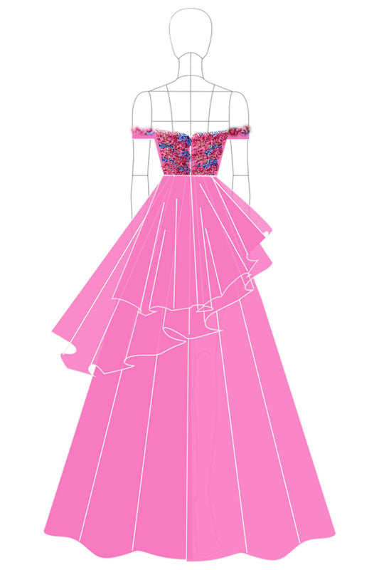 Off the Shoulder Floral Fuchsia Tiered Long Formal Dress