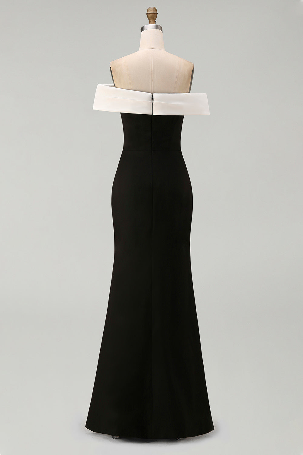 White Black Sheath Off the Shoulder Long Formal Dress