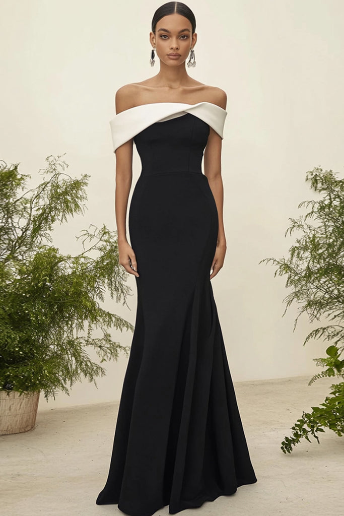 Classic Sheath Formal Occasion Dress Off the Shoulder Black-White Satin Prom Dresses