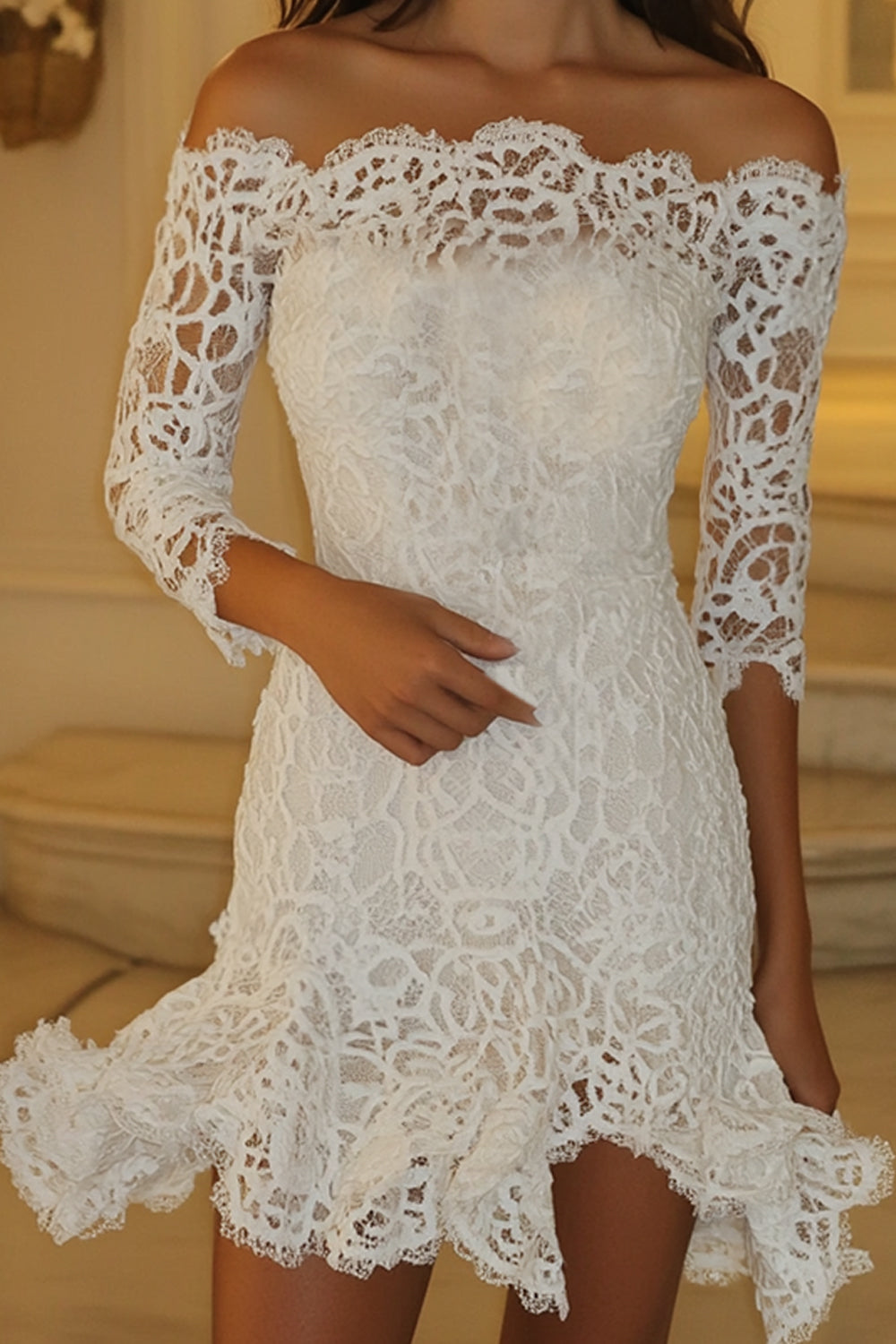 Zapakasa Women White Lace Off The Shoulder Short Graduation Dress with 3/4 Sleeves Tight Little White Dress Zapakasa Women White Lace Off The Shoulder Short Graduation Dress with 3/4 Sleeves Tight Little White Dress