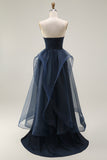 Navy Satin Strapless Mermaid Long Ruffled Prom Dress with Cape