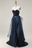 Navy Satin Strapless Mermaid Long Ruffled Prom Dress with Cape