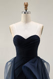 Navy Satin Strapless Mermaid Long Ruffled Prom Dress with Cape