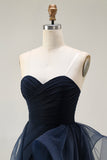 Navy Satin Strapless Mermaid Long Ruffled Prom Dress with Cape