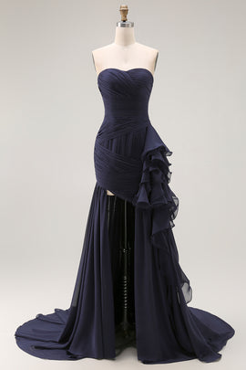 Navy Ruffled Strapless Mermaid Long Formal Dress with Side Cape