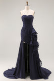 Navy Ruffled Strapless Mermaid Long Formal Dress with Side Cape