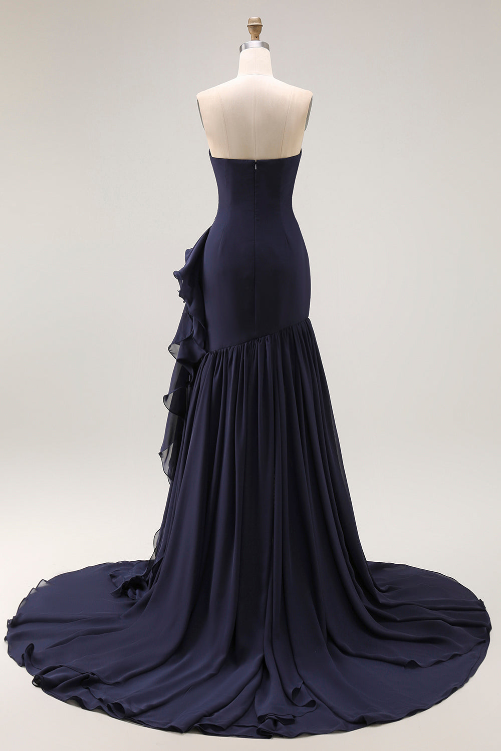Navy Ruffled Strapless Mermaid Long Formal Dress with Side Cape