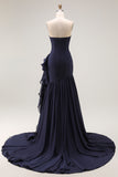 Navy Ruffled Strapless Mermaid Long Formal Dress with Side Cape