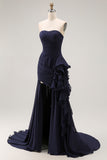 Navy Ruffled Strapless Mermaid Long Formal Dress with Side Cape