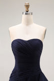 Navy Ruffled Strapless Mermaid Long Formal Dress with Side Cape