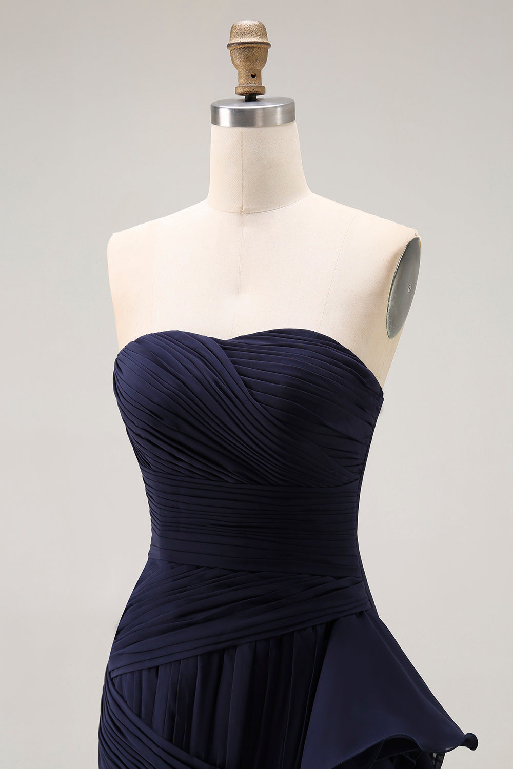 Navy Ruffled Strapless Mermaid Long Formal Dress with Side Cape