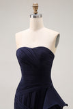 Navy Ruffled Strapless Mermaid Long Formal Dress with Side Cape