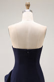 Navy Ruffled Strapless Mermaid Long Formal Dress with Side Cape