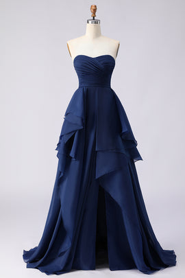 Navy A Line Sweetheart Ruffled Long Prom Dress with Slit