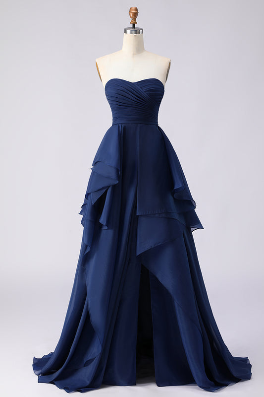 Navy A Line Sweetheart Ruffled Long Prom Dress with Slit