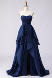 Navy A Line Sweetheart Ruffled Long Prom Dress with Slit