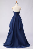 Navy A Line Sweetheart Ruffled Long Prom Dress with Slit