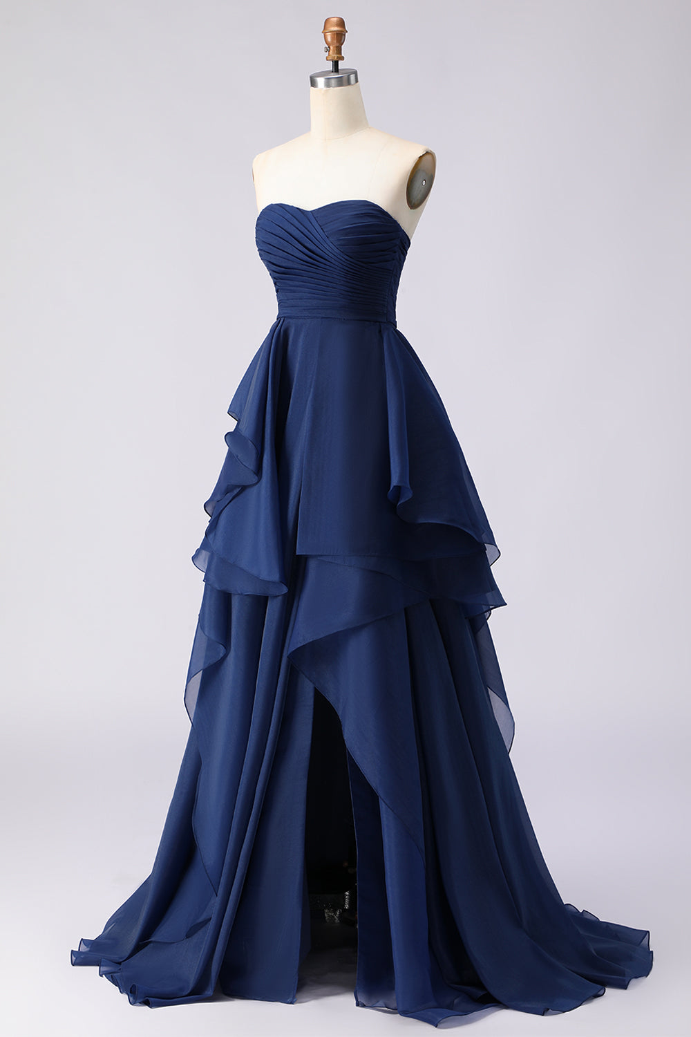Navy A Line Sweetheart Ruffled Long Prom Dress with Slit