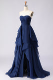 Navy A Line Sweetheart Ruffled Long Prom Dress with Slit