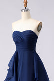 Navy A Line Sweetheart Ruffled Long Prom Dress with Slit