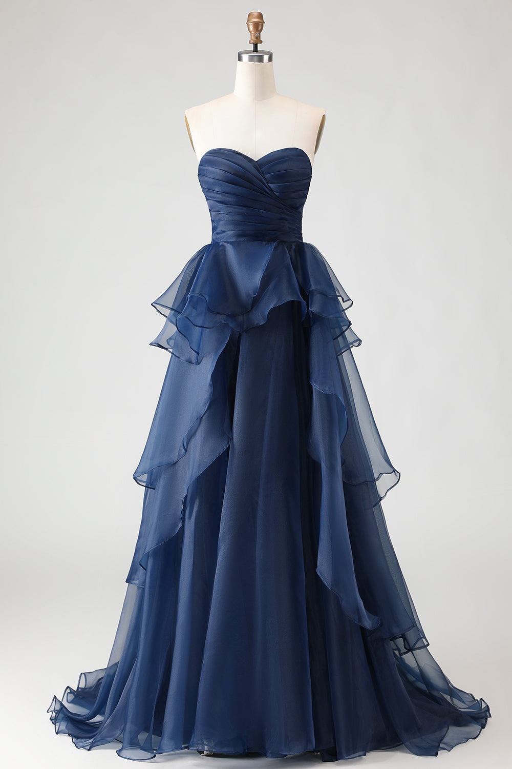 Navy A Line Sweetheart Ruffled Long Prom Dress with Front Slit