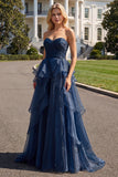 Navy A Line Sweetheart Ruffled Long Prom Dress with Front Slit