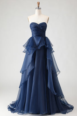 Navy A Line Sweetheart Ruffled Long Prom Dress with Front Slit