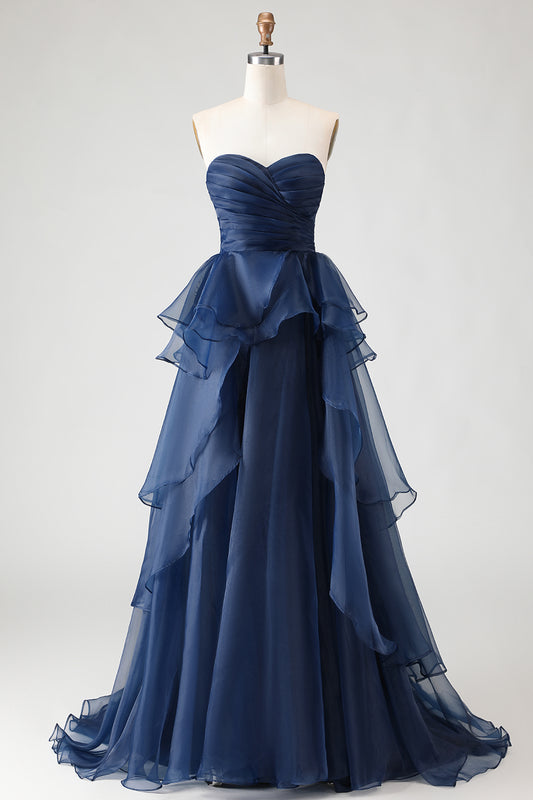 Navy A Line Sweetheart Ruffled Long Prom Dress with Front Slit