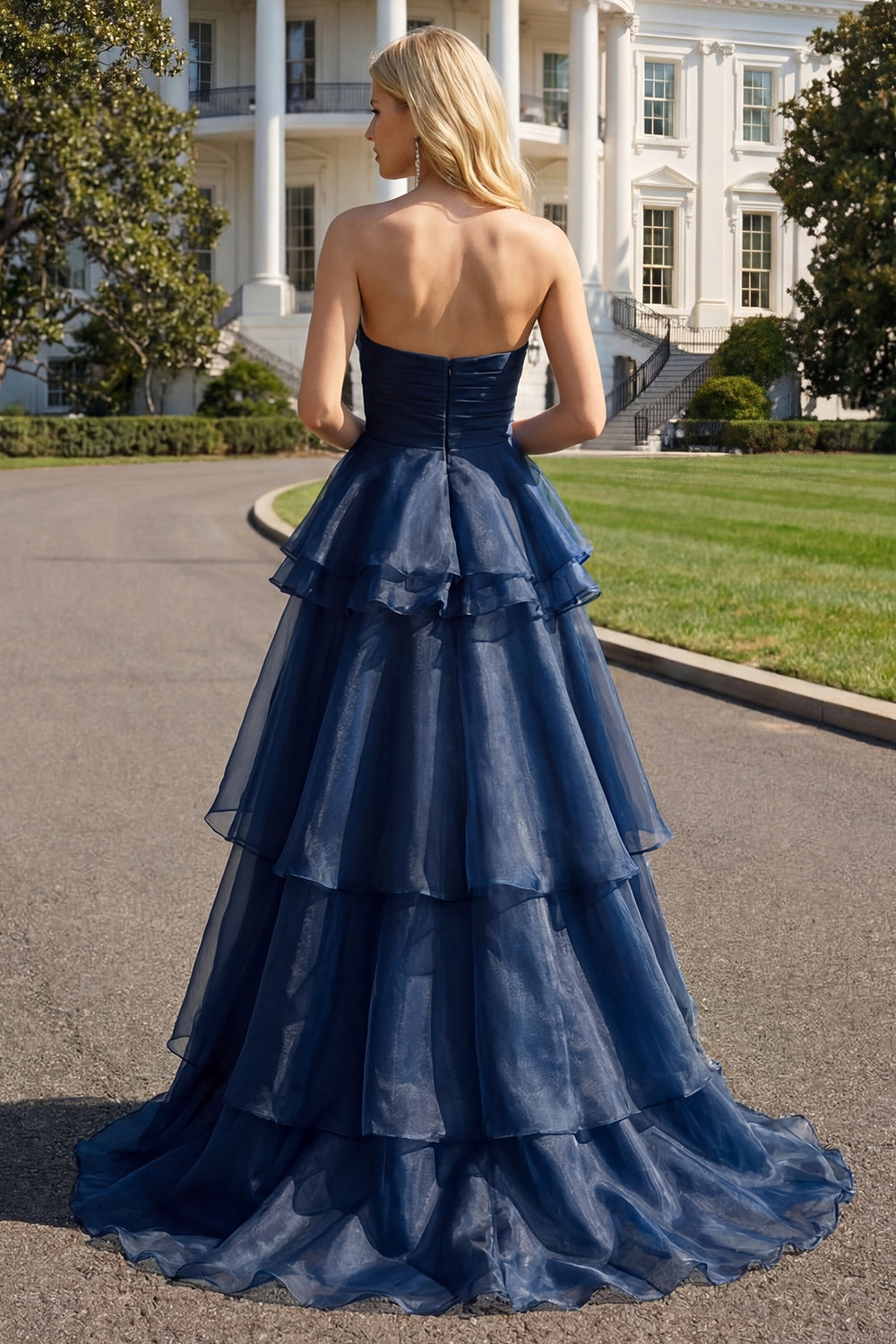 Navy A Line Sweetheart Ruffled Long Prom Dress with Front Slit