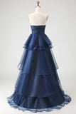 Navy A Line Sweetheart Ruffled Long Prom Dress with Front Slit
