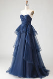 Navy A Line Sweetheart Ruffled Long Prom Dress with Front Slit