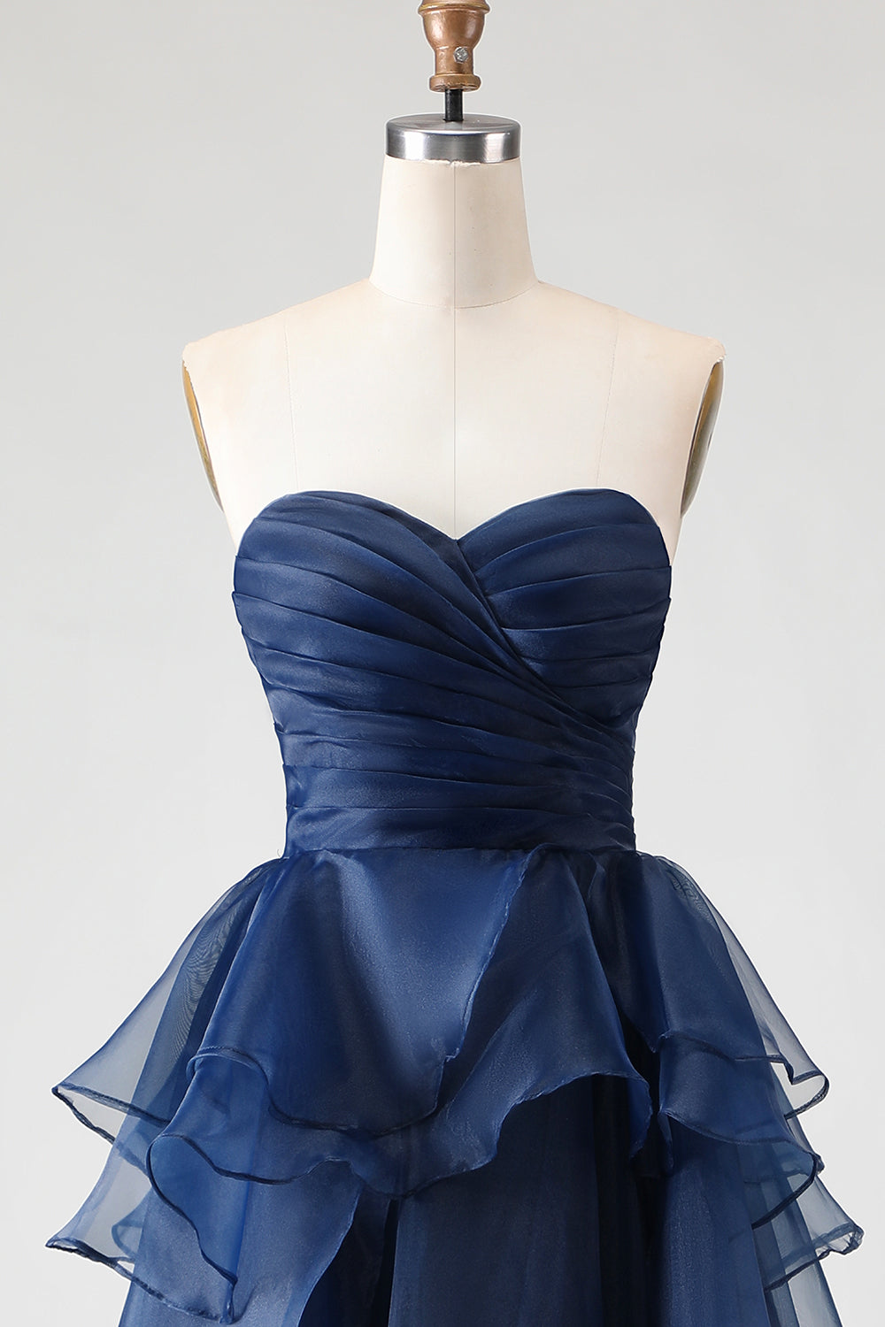Navy A Line Sweetheart Ruffled Long Prom Dress with Front Slit