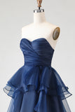 Navy A Line Sweetheart Ruffled Long Prom Dress with Front Slit