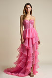 Sweetheart Coral A Line Long Prom Dress with Ruffles