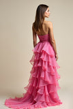 Sweetheart Coral A Line Long Prom Dress with Ruffles
