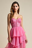 Sweetheart Coral A Line Long Prom Dress with Ruffles