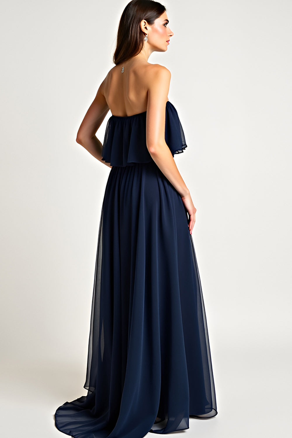 Navy Square Neck Ruched Long Wedding Guest Dress