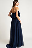 Navy Square Neck Ruched Long Wedding Guest Dress