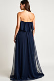 Navy Square Neck Ruched Long Wedding Guest Dress
