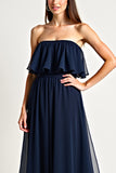 Navy Square Neck Ruched Long Wedding Guest Dress